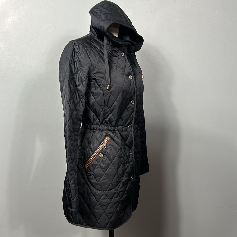 Massimo Dutti Quilted Dark Navy Midi Length Hooded Jacket Coat size small